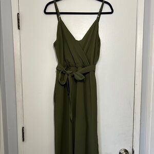 Lily Rose Olive Green Jumpsuit Pockets Tie in Front Adjustable Strap Holiday